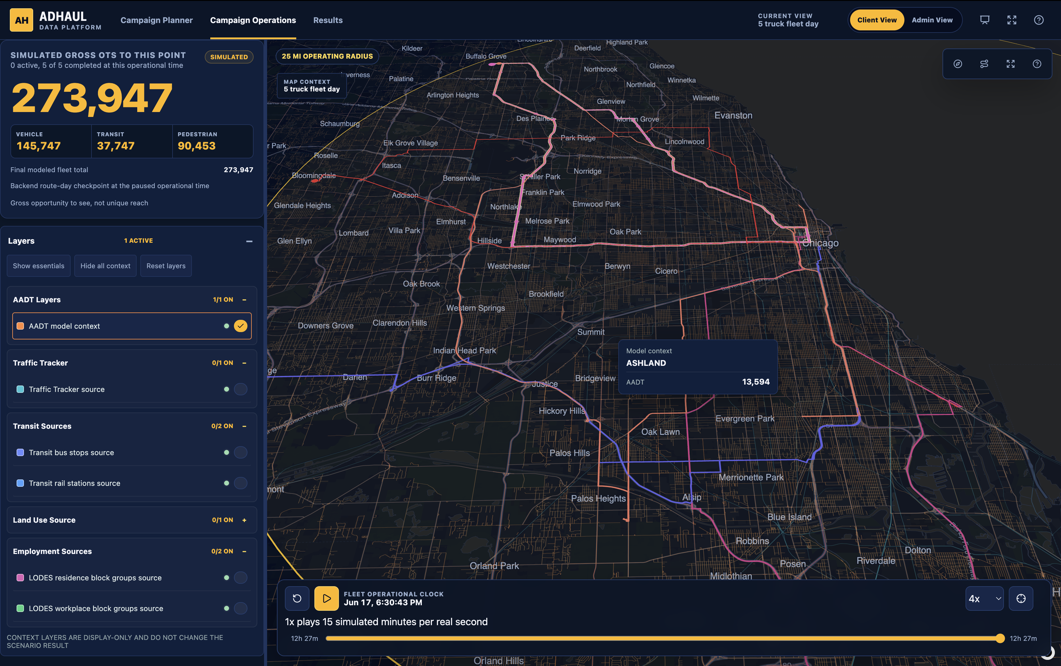 AdHaul campaign operations dashboard showing OTS, AADT, transit, and pedestrian data layers with real-time route tracking
