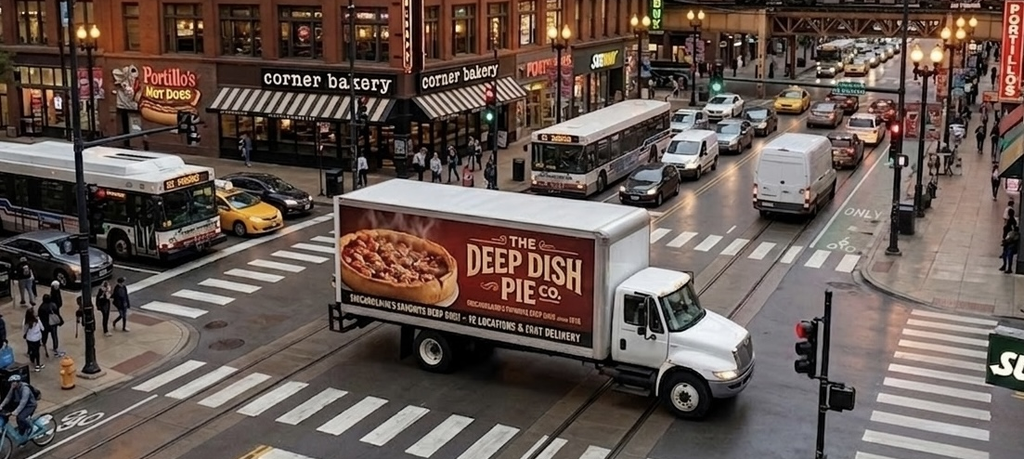 AdHaul box truck panel driving through a city