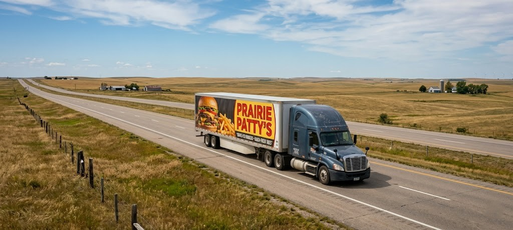AdHaul semi-trailer panel on a highway through open plains