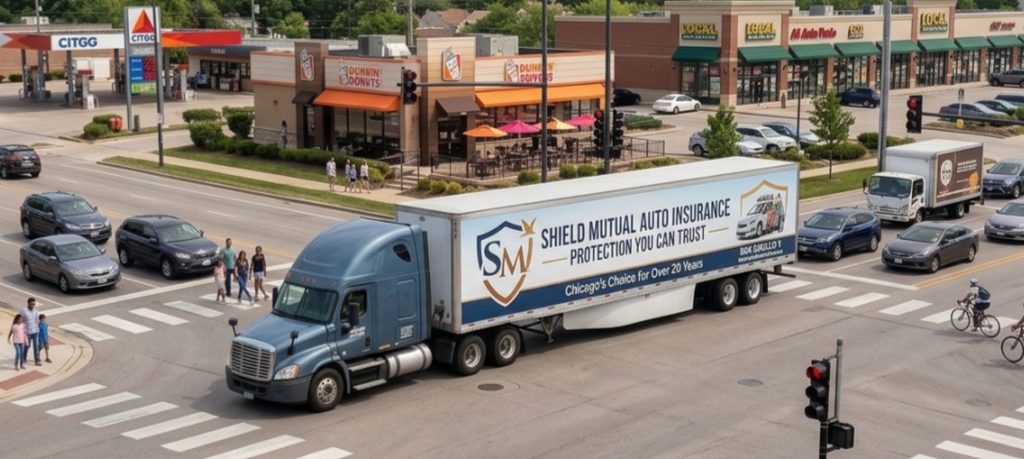 AdHaul semi-trailer panel driving through a suburban area
